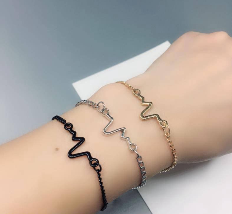 Adjustable Heartbeat Bracelet Black Silver Gold for Women Men