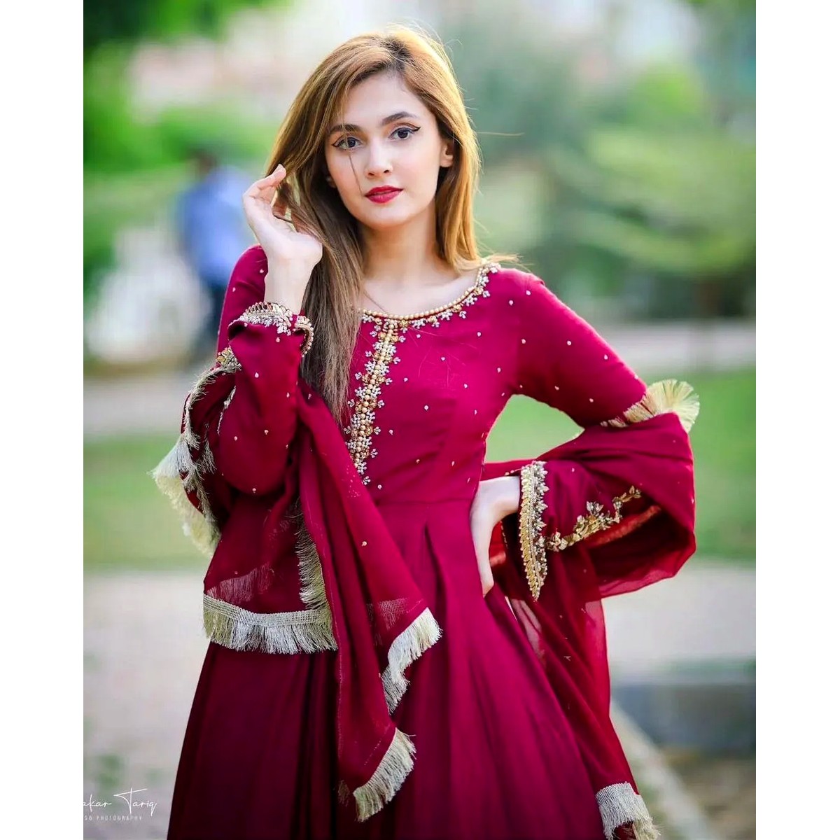 Maroon Embroidered Chiffon Maxi Suit | 3-Piece Eid Party Wear