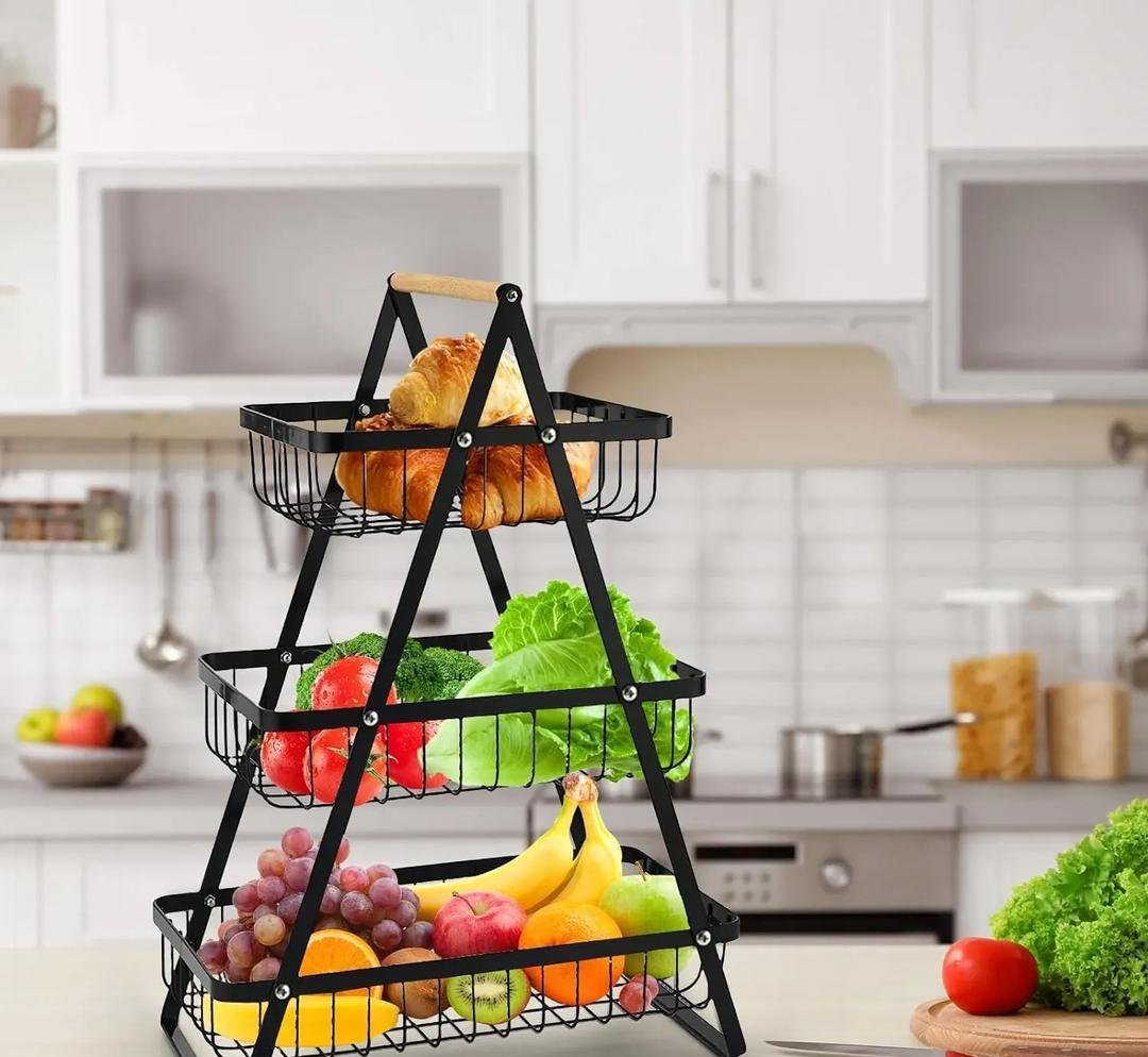 Fresh Fruit & Snack Storage Basket Black Metal 3-Tier Kitchen Organizer