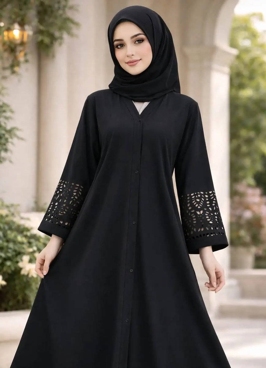 Georgette Plain Full Abaya - Black with Laser Cut Sleeves