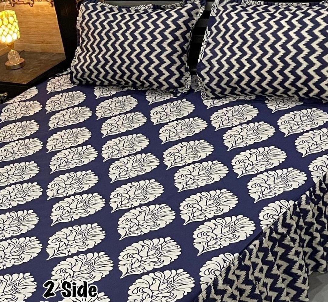 2-Side Frill Bedsheet Navy White Mix Cotton Double