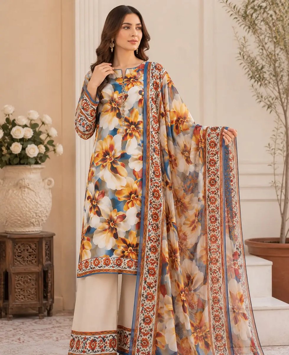Digital Printed 3 Piece Swiss Lawn Suit - Floral Shirt, Trouser & Chiffon Dupatta
