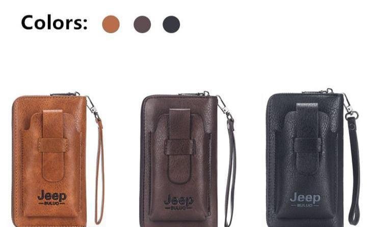 Jeep Leather Wallet Slim Zipper Wrist Strap Brown Black