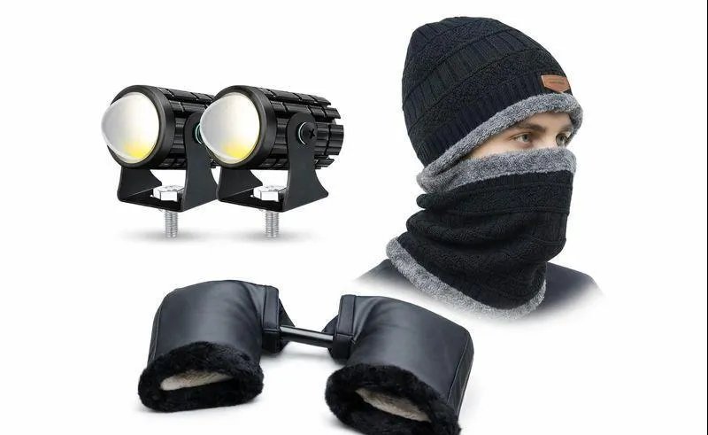 Winter Bike Accessories Set: LED Lights & Warm Headwear