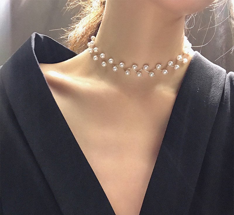 Pearl Choker Necklace for Women Korean Style Silver White Bead