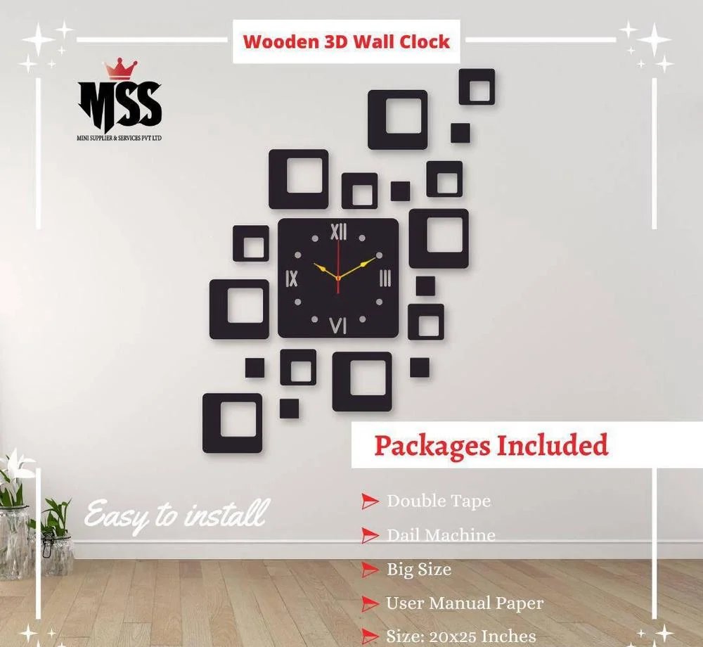 3D Wooden Wall Clock 20x25 Inch Modern Decor