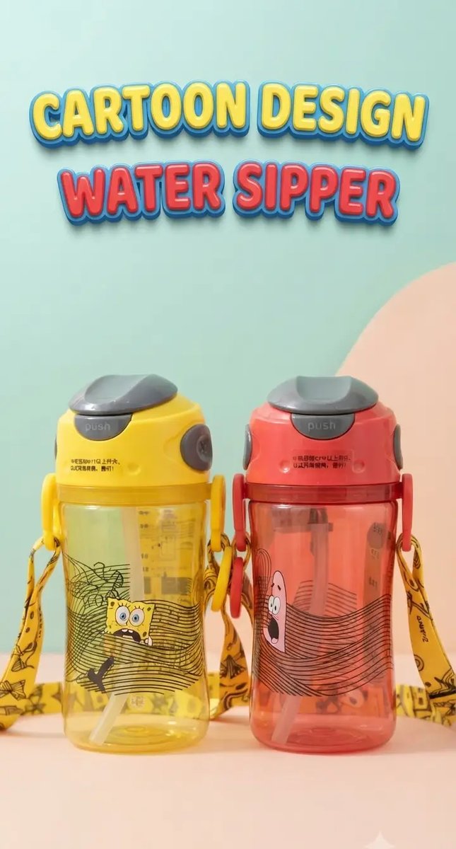 Kids Portable Cartoon Water Bottle with Straw & Strap