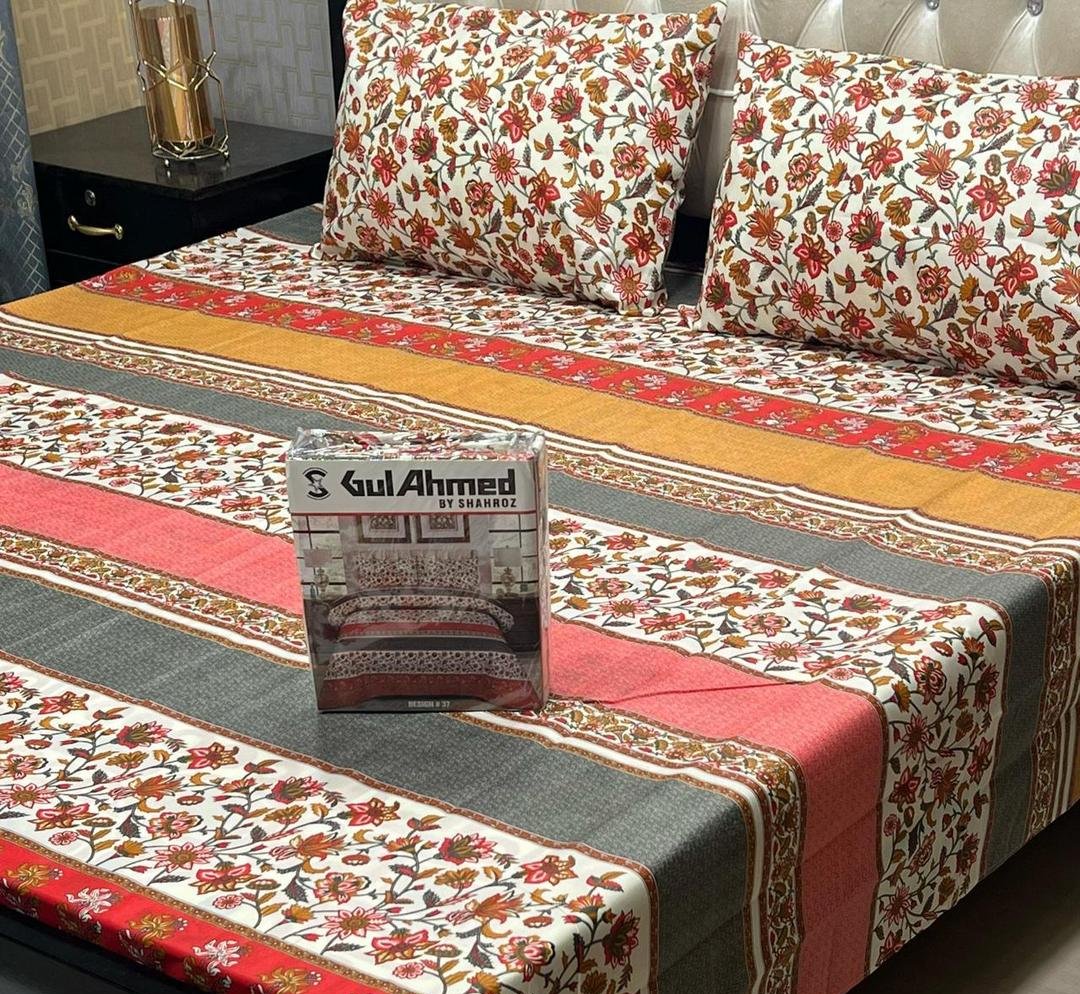 Double Bedsheet Set Cotton Floral Red Orange – 3 Pcs