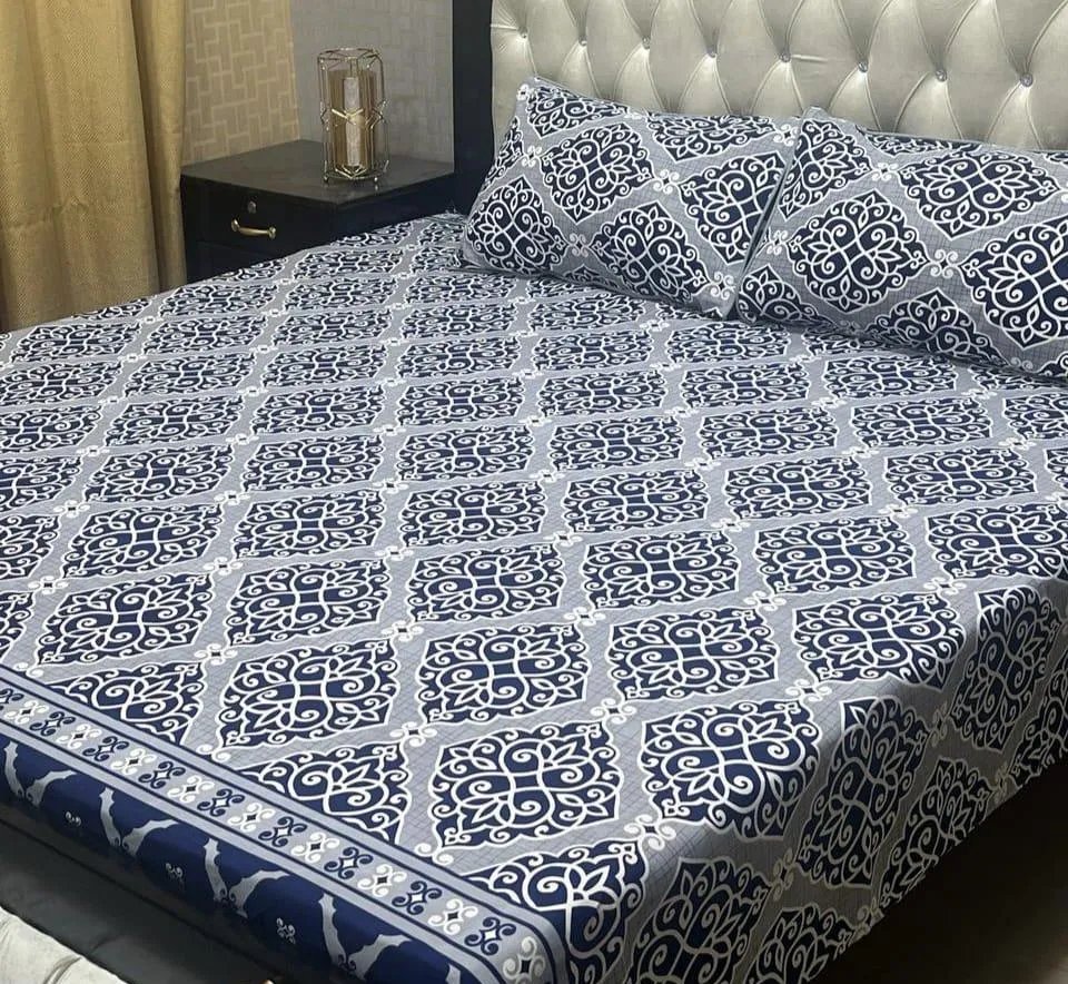 Crystal Cotton Double Bedsheet Set Blue White Geometric Pattern